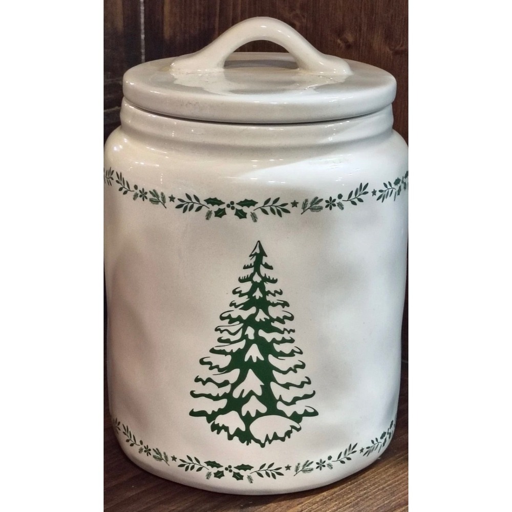 White Ceramic Christmas Tree Cookie Jar Green Evergreen Holiday Stoneware